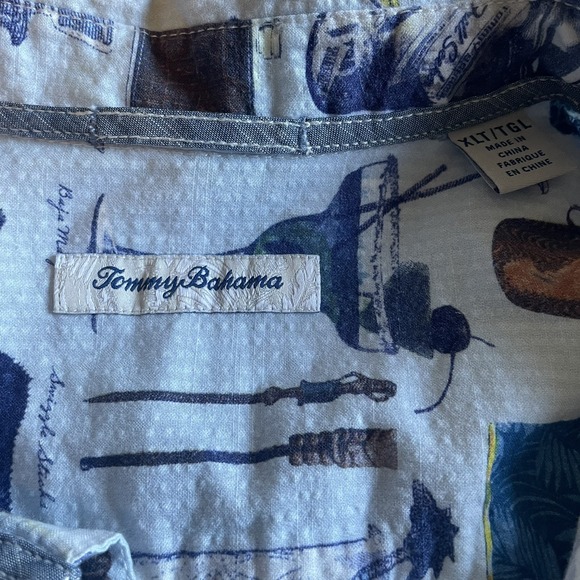 Tommy Bahama Camp Shirt Well Stocked Cocktails Print XL Tall Blue Seersucker - Picture 5 of 6
